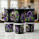 40oz Tumbler Sublimation PNG, Distressed Skull Crystal Floral, Amethyst Geode Seamless Tapered Design, Digital Download, Free Car Coasters thumbnail 2