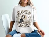 Saved By Grace Christian Cat T-Shirt, Faith Based Tuxedo Kitty and Bible Verse Tee, Cute Religious Floral Women's Gift Shirt thumbnail 7