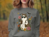 Groovy Ghost T-Shirt, Spooky Season Sweatshirt, Cute Halloween Leopard Print Ghost with Coffee and Flowers, Fall Vibes thumbnail 4