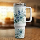 Luxury Blue Floral 40oz Tumbler Wrap Sublimation, Seamless Distressed Tapered Digital Download, Watercolor Flowers, Free Car Coasters thumbnail 2