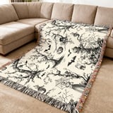 Gothic Toile Woven Blanket, Vintage Halloween Throw Pillow Spooky Skeleton Skull Decor, Dark Academia Cottagecore Tapestry Blanket thumbnail 11