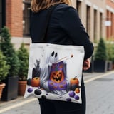 Halloween Tote Bag Ghost Knitting Pumpkin Tote, Cute Kitten, Spooky Season, Halloween Party Favor, Trick or Treat Bag, Fall Decor, Tote Bag thumbnail 2