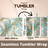 20 oz Tumbler Wrap, Gold Floral Sublimation Design, Digital Download, Straight and Tapered Wrap png, Teal Blue Swirls, Tumbler Digital thumbnail 5