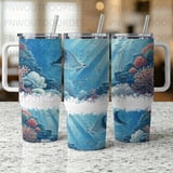 40oz Tumbler Sublimation Wrap Digital Design, Ocean Life Manta Ray Coral Reef Seamless Distressed Tapered thumbnail 7