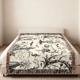 Gothic Toile Woven Blanket, Vintage Halloween Throw Pillow Spooky Skeleton Skull Decor, Dark Academia Cottagecore Tapestry Blanket thumbnail 3