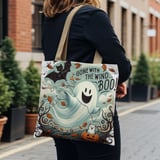 Halloween Tote Bag, Ghost Tote, Autumn Leaves, Bat Kite, Cat in Pumpkin, Spooky Season, Fall Vibes, Halloween Decor, Trick or Treat Bag thumbnail 4