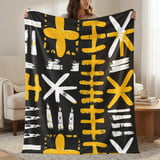 African Mud Cloth Velveteen Blanket, Tribal Art Woven Throw, Abstract Boho Pillow Cover, Black Yellow White Pattern Home Decor Gift thumbnail 1