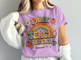 Pray Teach Repeat Teacher T-Shirt, Christian Educator Gift, Retro Groovy Faith School Tee, Boho Rainbow Teacher Apparel for Women thumbnail 4