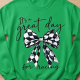 Racing Bow Sweatshirt, Its A Great Day For Racing Shirt, Checkered Bow Crewneck, Race Day Graphic Sweater, Trendy Motorsport Gift For Her thumbnail 7