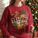 Teaching Is My Fall Sport Sweatshirt, Faux Patchwork Quilted Apple Teacher Hoodie, Autumn School Graphic Tee, Cozy Teacher Tote Bag thumbnail 7