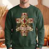 God Is Good Christian Sweatshirt, Quilted Cross Hoodie, Faux Patchwork Floral Faith Tote Bag, Country Folk Art Religious Easter Gift thumbnail 11