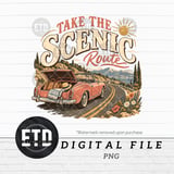 Take The Scenic Route PNG Vintage Road Trip Sublimation, Retro Car Coastal Vacation Travel Graphic, Summer Mountain Adventure Clipart thumbnail 11