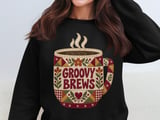 Groovy Brews Coffee Tee or Sweatshirt, Faux Patchwork Design thumbnail 20