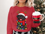 Black Pug Dog Santa Hat Reindeer Antlers Red Scarf Christmas Lights Standard T-Shirts thumbnail 3
