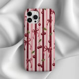 Coquette Cherry Tough Phone Case, Cute Pink Ribbon Bow Aesthetic Phone Cover, Vintage Striped French Chic Cherry Gift for Her thumbnail 5
