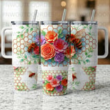 40oz Tumbler Wrap PNG, Distressed Honey Bee Honeycomb Floral Sublimation Design, Tapered Seamless Digital Download, Car Coaster Freebie. thumbnail 3