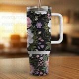 40oz Tumbler Sublimation PNG, Distressed Quilled Floral Seamless Wrap, Peony Rose Digital Download, Print Ready Design, Free Car Coasters thumbnail 3