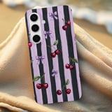 Dark Coquette Cherry Tough Phone Case, Lilac Purple Striped Bow Phone Cover, Gothic Ribbon Cherry Pattern Aesthetic Gift For Her thumbnail 6