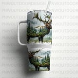 40oz Tumbler Sublimation PNG, Majestic Elk Forest Design, Distressed Tapered Seamless Digital Download, Misty Woodland, Free Car Coasters thumbnail 6