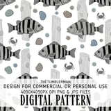 Digital Fish Pattern, Striped Bass Design, Crab Illustration, Wood Seamless, Aquatic Digital Bundle, Commercial Use Pattern, Download thumbnail 1