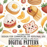 Digital Pattern Bundle, Kawaii Food Pattern, Cute Breakfast Digital, Egg, Pancake, Toast, Strawberry, Banana, Seamless Design, Digital thumbnail 1