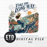 Take The Long Way Coastal Scooter Adventure PNG Digital File | Retro Travel Sublimation Design | Wanderlust Vacation Road Trip Graphic thumbnail 1