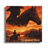 Cowboy & Horse Sunset Canvas Wall Art | Rustic Western Decor Print | Ranch Life Cabin Landscape Gift for Him thumbnail 2