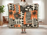Abstract Floral Velveteen Blanket, Boho Black White Yellow Throw Pillow, Modern Botanical Woven Blanket, Eclectic Art Decor Gift Idea thumbnail 2