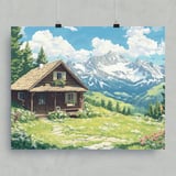 Mountain Cabin Poster, Framed Poster, Alpine Landscape, Cottagecore Decor, Mountain View Art, Cozy Home Print, Nature Artwork, Wall Decor thumbnail 1
