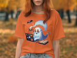 Spooky Ghost T-Shirt, Halloween Shirt, Funny Graphic Tee, Ghost with Laptop Shirt, Bat Design, Pumpkin Cup, Halloween Gift, Geek Shirt thumbnail 4