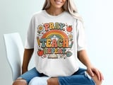 Pray Teach Repeat Teacher T-Shirt, Christian Educator Gift, Retro Groovy Faith School Tee, Boho Rainbow Teacher Apparel for Women thumbnail 1