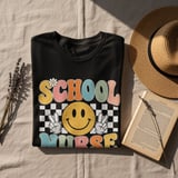 School Nurse T-Shirt: Retro Smiley Face, Checkerboard, Daisy Flowers Design thumbnail 9