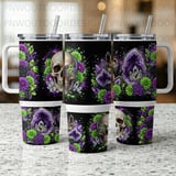 40oz Tumbler Sublimation PNG, Distressed Skull Crystal Floral, Amethyst Geode Seamless Tapered Design, Digital Download, Free Car Coasters thumbnail 6