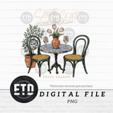 Patio Season Digital File PNG, Save A Seat For Me Bistro Table Cafe Scene Outdoor Living Spring Summer Illustration Download thumbnail 1