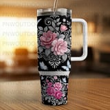 40oz Tumbler Sublimation PNG, Distressed Pink Floral Seamless Design, Tapered Wrap, Black Background, Butterflies, Free Car Coasters thumbnail 3