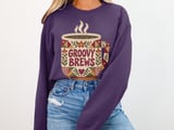 Groovy Brews Coffee Tee or Sweatshirt, Faux Patchwork Design thumbnail 16