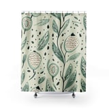 Sage Green Botanical Shower Curtain, Boho Folk Art Leaves Bath Mat, Earthy Cottagecore Bathroom Decor, Modern Nature Floral Bath Set thumbnail 2