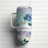40oz Tumbler Wrap Sublimation, Seamless Tapered Digital Design, Blue Watercolor Flowers, Gold Accents, Luxury Distressed Glitter Pattern thumbnail 5
