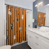 Cute Halloween Shower Curtains, Bath Mat, Kawaii Ghost and Skeleton Spooky Season Bathroom Decor, Orange Black Striped Fall Housewarming thumbnail 3
