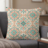Boho Moroccan Tile Pillow Cover | Teal Coral Geometric Throw Pillow Case | Mediterranean Global Chic Accent Cushion thumbnail 1