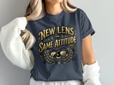 New Lens Same Attitude T-Shirt: Gold Glitter Script, Sunglasses Eye Vision Quote thumbnail 1