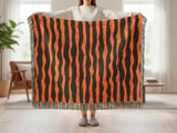 Distressed Orange Black Stripe Velveteen Blanket | Spooky Halloween Woven Throw Pillow | Grunge Fall Decor Gift thumbnail 2