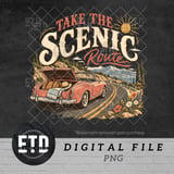Take The Scenic Route PNG Vintage Road Trip Sublimation, Retro Car Coastal Vacation Travel Graphic, Summer Mountain Adventure Clipart thumbnail 1
