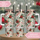 Watercolor Poinsettia Tumbler, Christmas Digital Paper, Floral Scrapbook, Holly Printable PNG, Holiday Junk Journal, Flower Background thumbnail 8