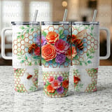 40oz Tumbler Wrap PNG, Distressed Honey Bee Honeycomb Floral Sublimation Design, Tapered Seamless Digital Download, Car Coaster Freebie. thumbnail 2