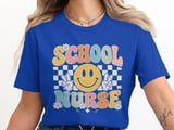 School Nurse T-Shirt: Retro Smiley Face, Checkerboard, Daisy Flowers Design thumbnail 5