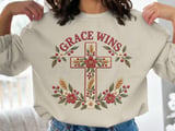 Grace Wins Floral Cross Sweatshirt, Christian Hoodie, Faux Embroidered Faith Aesthetic Sweater, Religious Cottagecore Botanical Tote Bag thumbnail 11