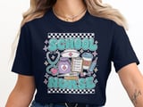 School Nurse T-Shirt: Retro Bubble Letters, Medical Stethoscope, Coffee Cup Design thumbnail 7