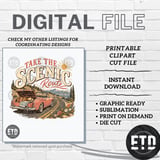 Take The Scenic Route PNG Vintage Road Trip Sublimation, Retro Car Coastal Vacation Travel Graphic, Summer Mountain Adventure Clipart thumbnail 10
