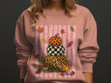 Trendy Fall Pumpkin Stack Sweatshirt, Distressed Leopard Print Checkerboard Hoodie, Cute Autumn T-Shirt Gift thumbnail 5